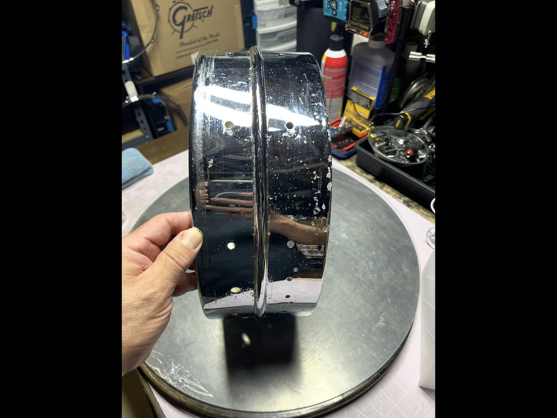 Supraphonic snare shell before, worn chrome