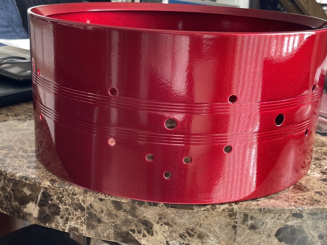 Tama snare shell after red powder coating