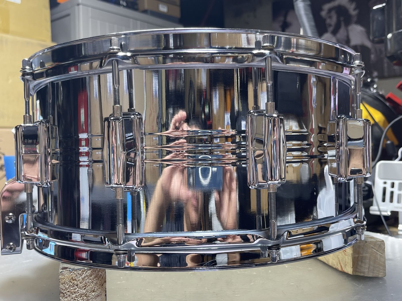 1970 Pearl Jupiter 14x6.5 chrome-over-brass snare, front view, showing the Pearl badge and center bead