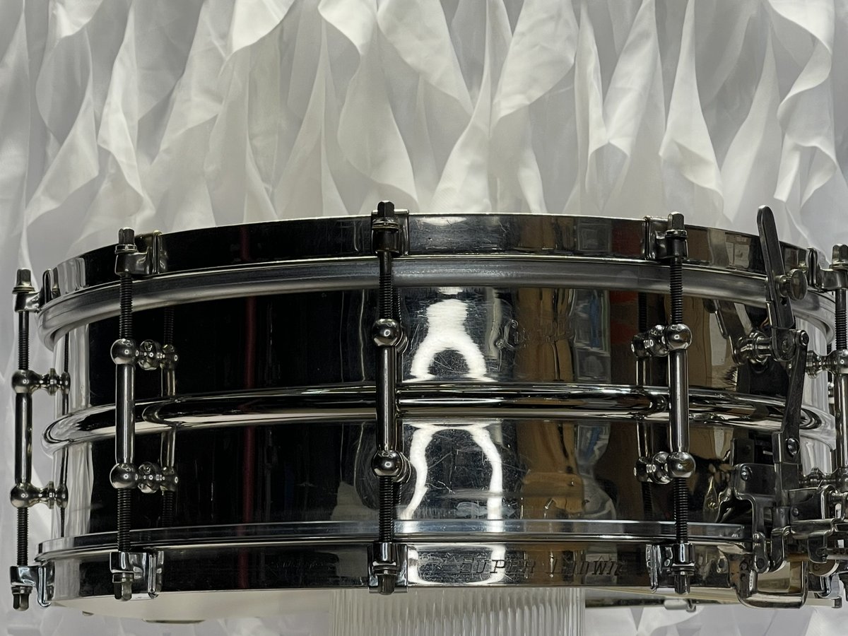 Super-Ludwig snare drum with nickel-over-brass shell and black hardware, c. 1927